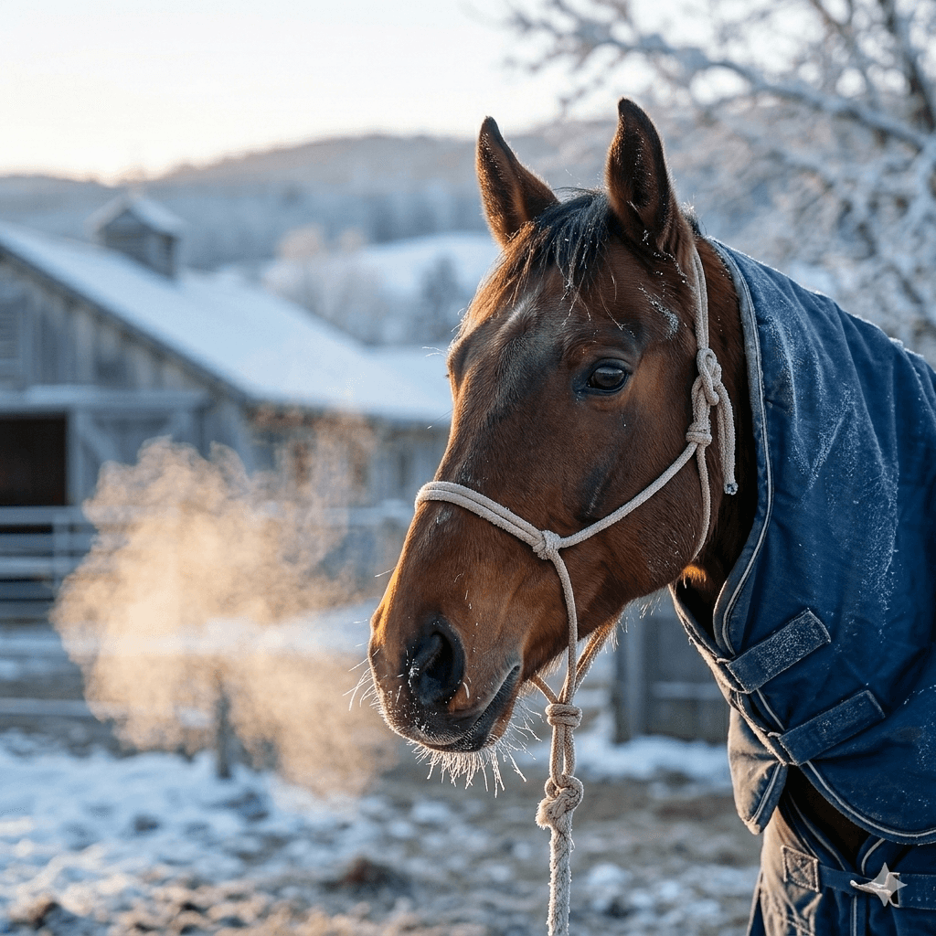 Pferd mit Decke in kalter Morgenluft